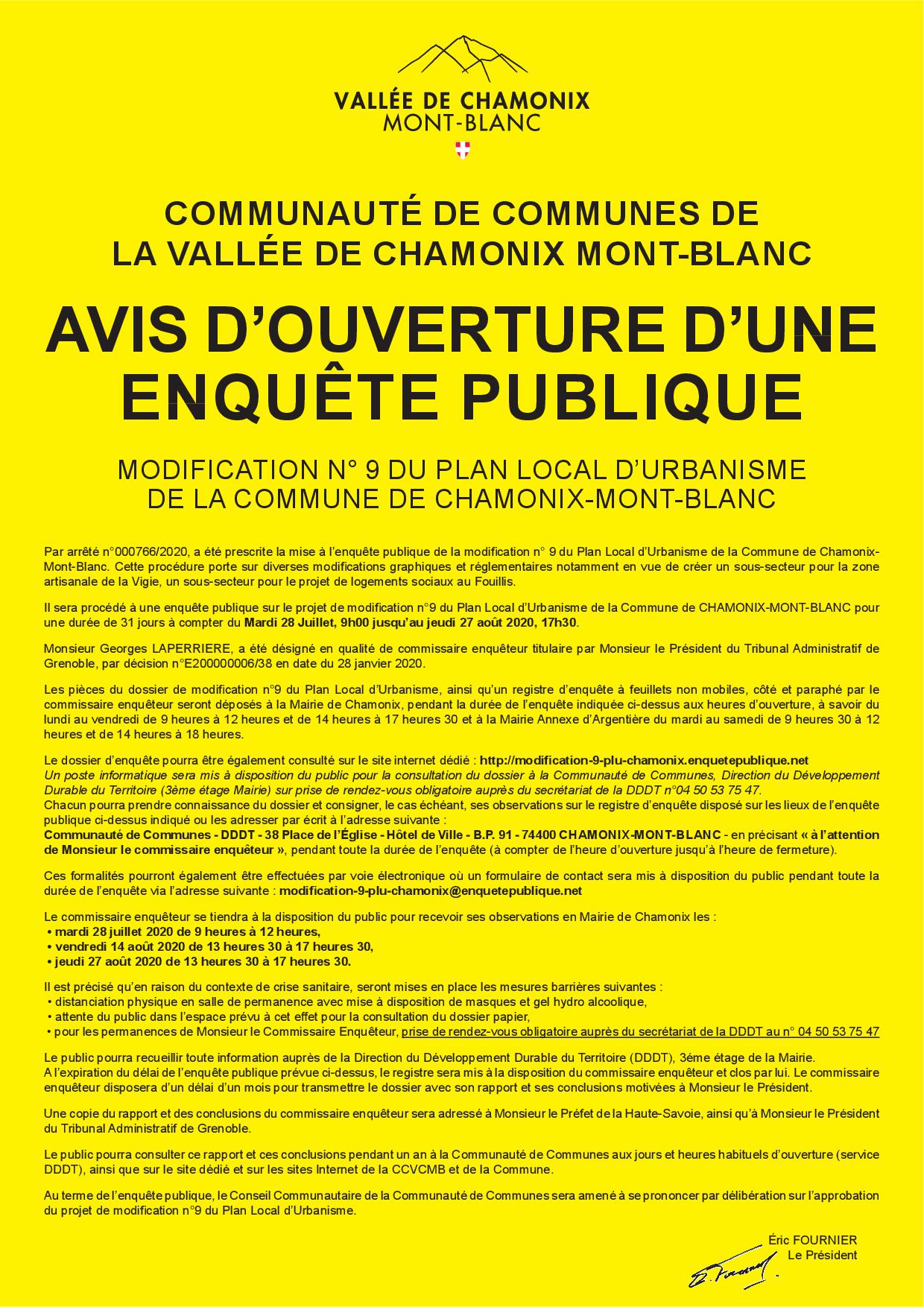 AVIS D'ENQUETE PUBLIQUE POUR LA MODIFICATION N° 9 DU PLAN LOCAL D'URBANISME DE LA COMMUNE DE CHAMONIX-MONT-BLANC