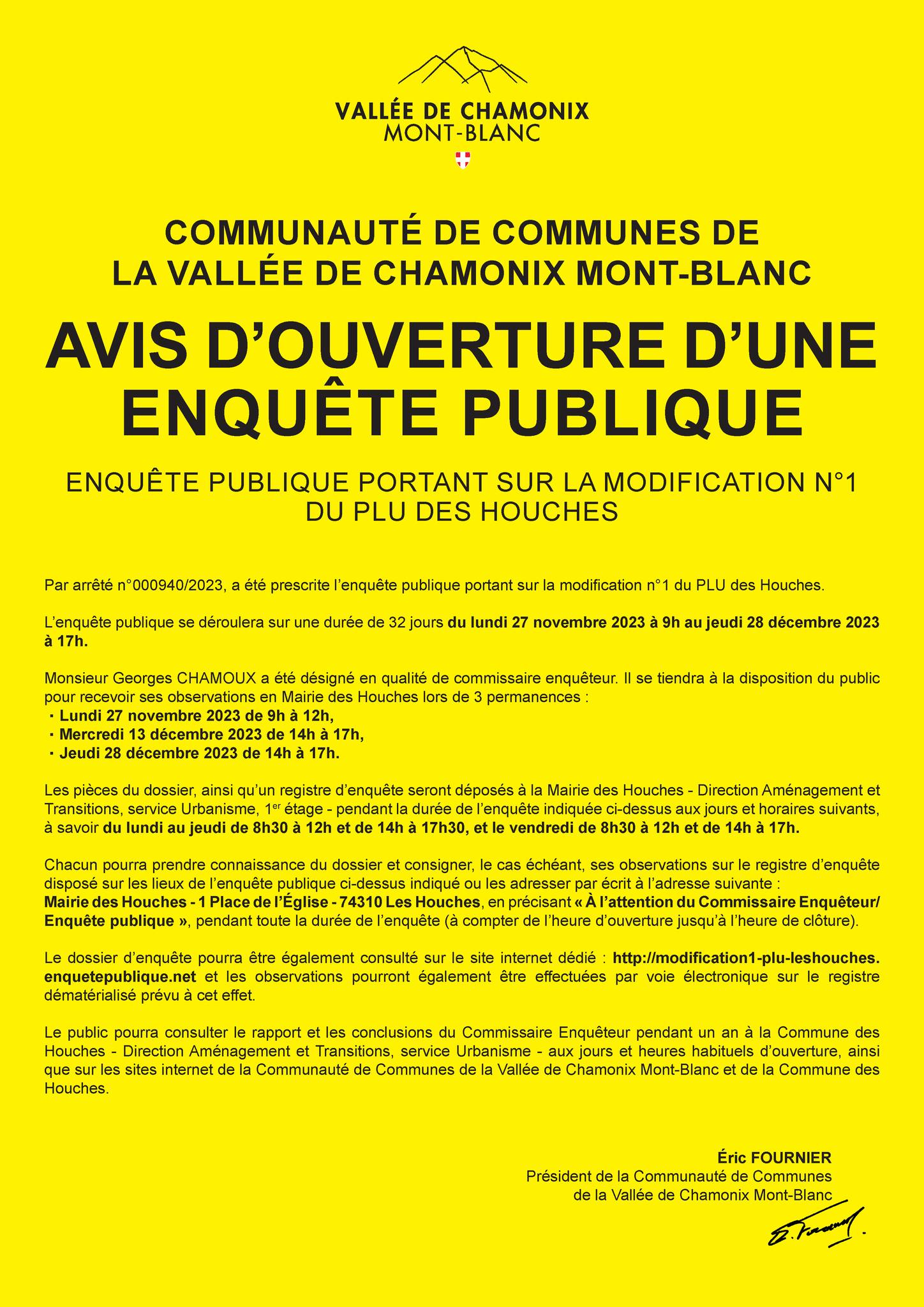 Enquête publique du lundi 27 novembre au jeudi 28 décembre 2023 sur la modification n°1 du PLU des Houches