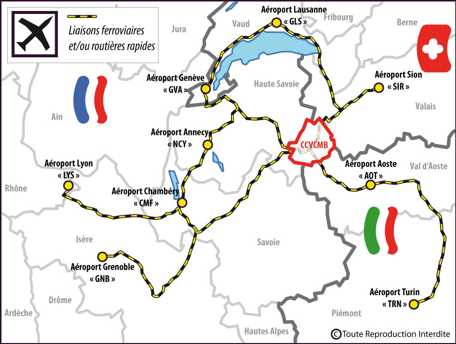 Carte de localisation des aéroports à proximité de la Communauté de Communes de la Vallée de Chamonix-Mont-Blanc